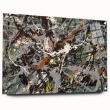 Abstract splatter wall art design in acrylic glass, showcasing vibrant colors and dynamic patterns, elegantly displayed with pins on a wall.