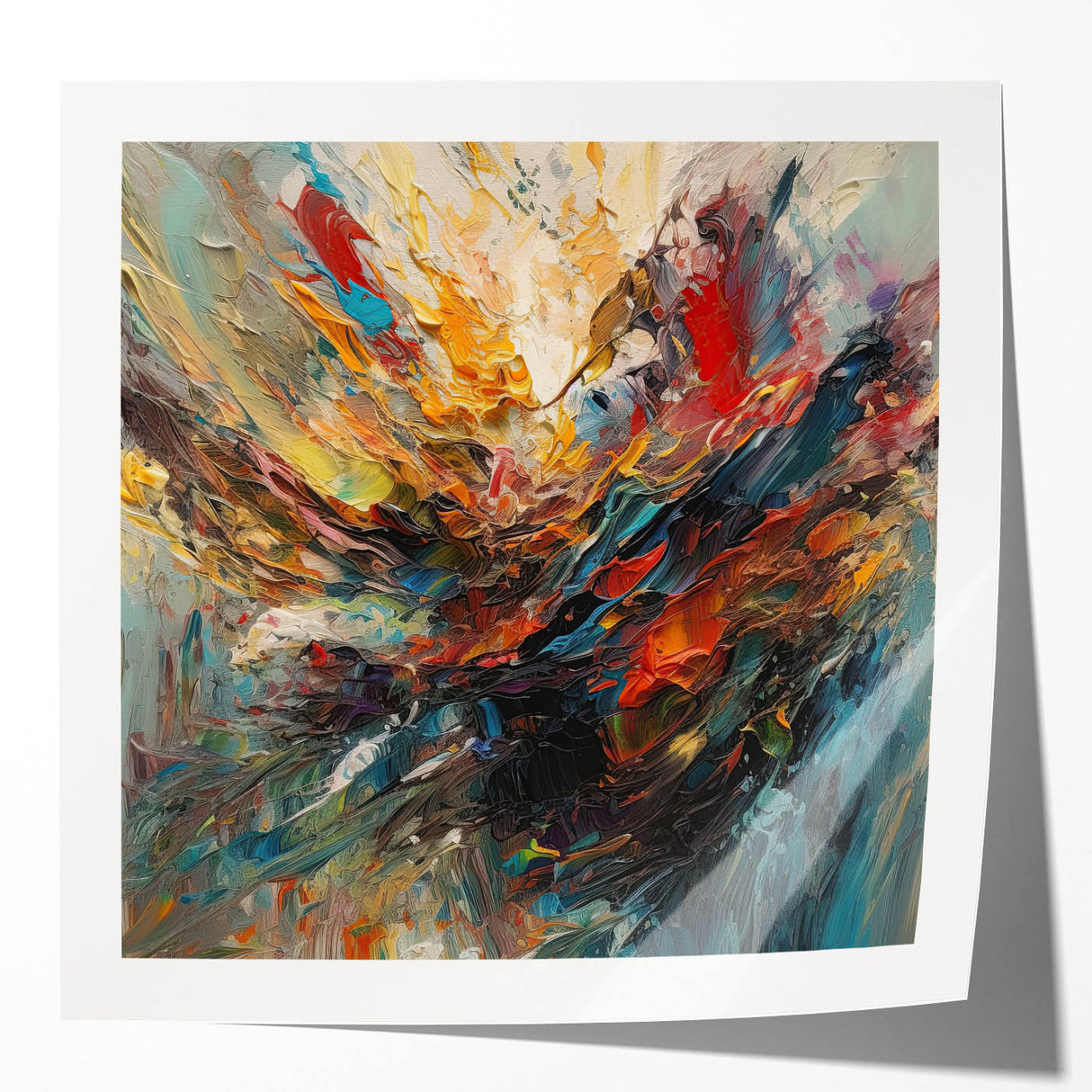 Colorful abstract splatter design on glossy wall art, showcasing vibrant hues and dynamic shapes, perfect for modern home décor accents.