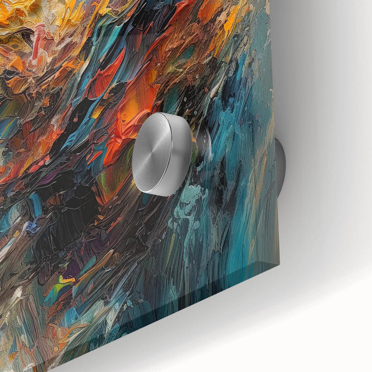 Vibrant abstract splatter design wall art collection in acrylic glass, showcasing bold colors and fluid forms ideal for modern decor.