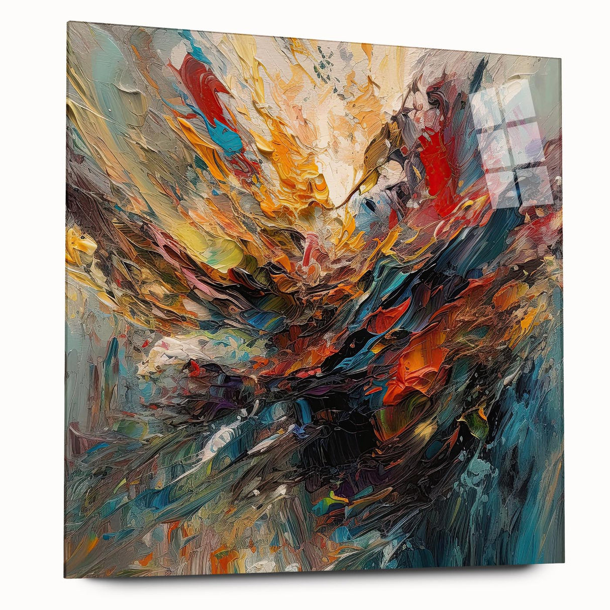 Abstract splatter wall art design featuring vibrant colors on acrylic glass, displayed in a modern setting, enhancing contemporary decor.