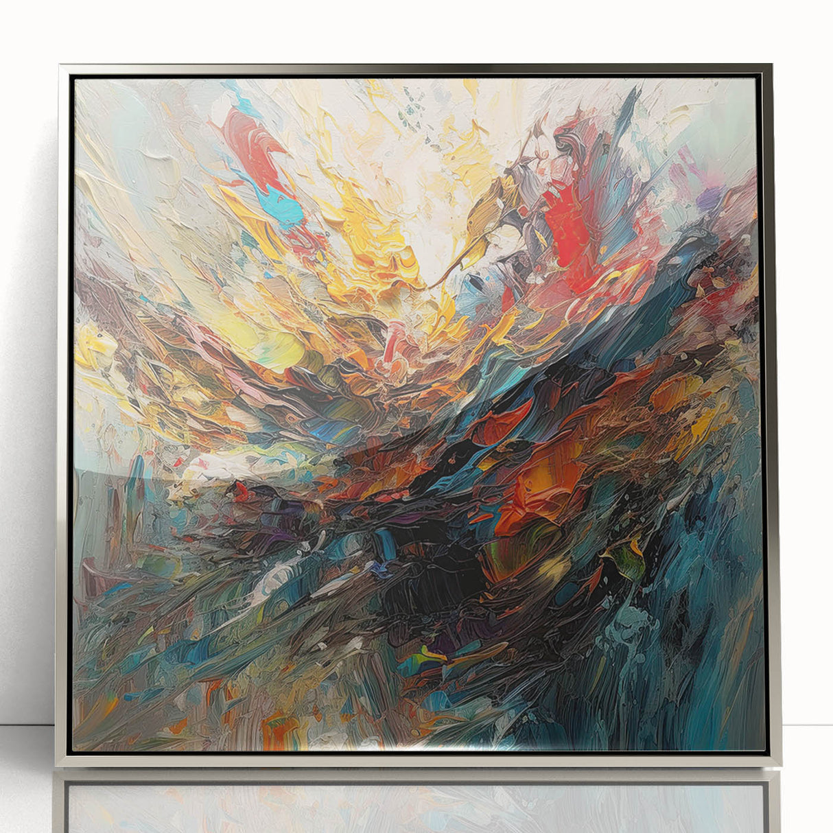 Framed abstract wall art featuring colorful paint splatters on a silver background, perfect for modern home decor or office spaces.