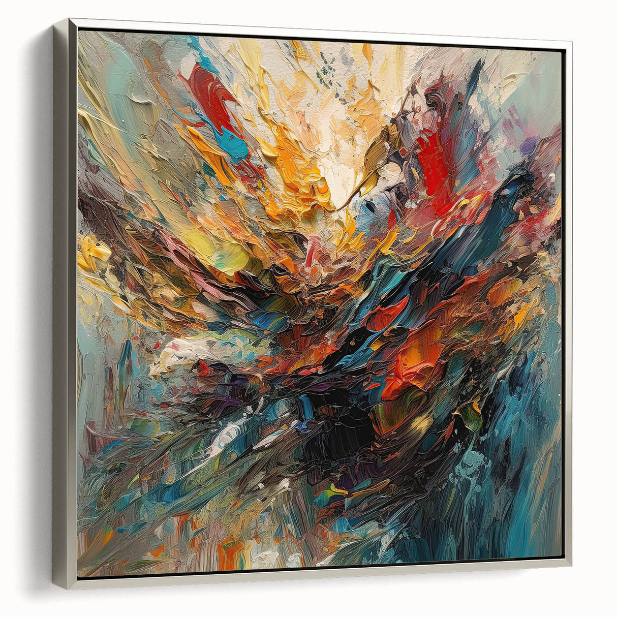 Framed wall art showcasing vibrant abstract splatters in silver and blue tones, adding a modern touch to home decor.