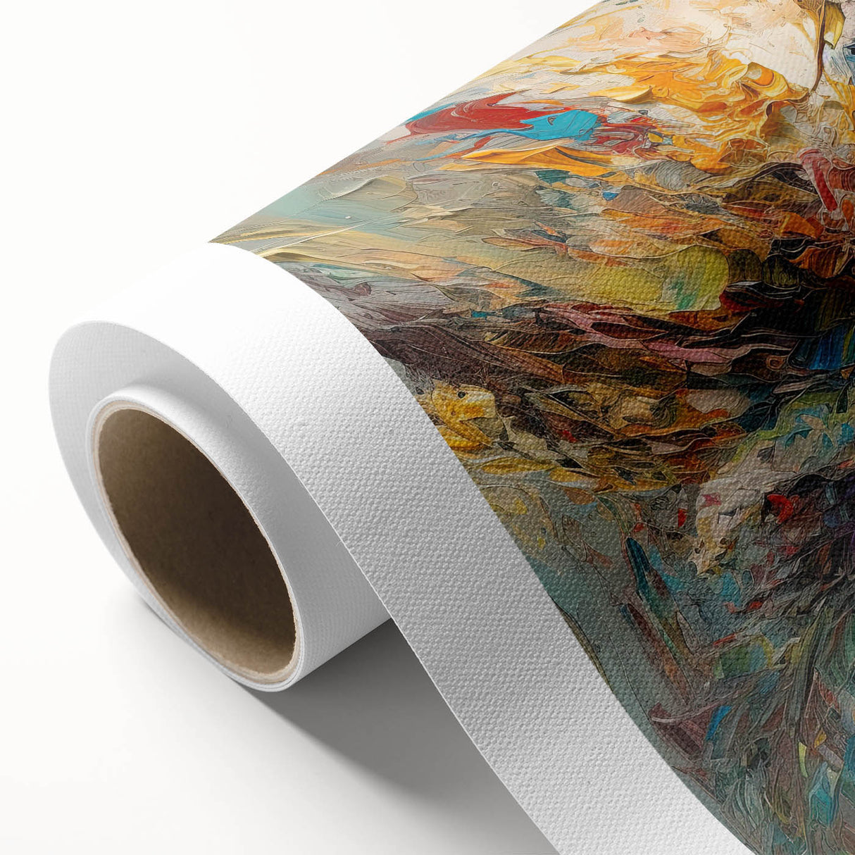 Vibrant abstract splatter design on rolled canvas, showcasing bold colors and dynamic shapes, ideal for modern wall decor and artistic spaces.