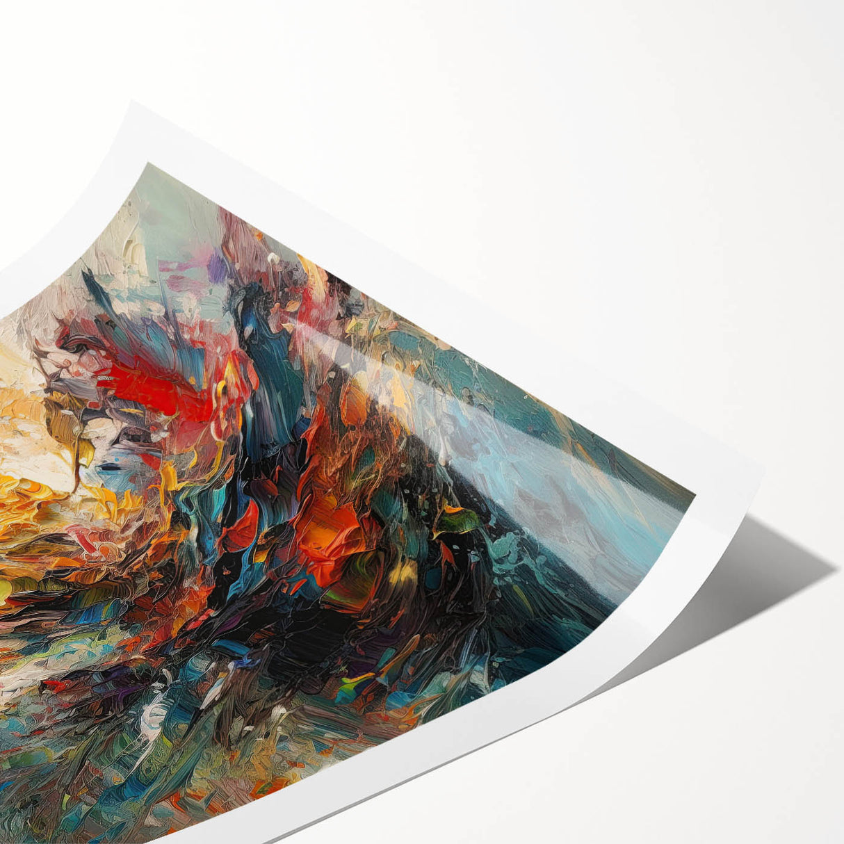 Abstract splatter wall art print showcasing vibrant colors and dynamic shapes, perfect for modern home decor or office spaces.