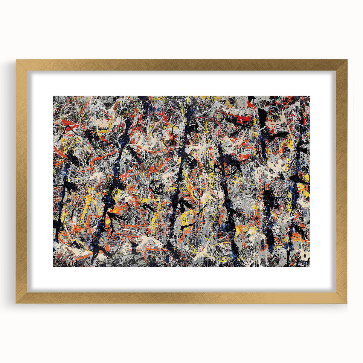 Framed abstract wall art showcasing vibrant splatter designs in shades of blue, gold, and white, perfect for modern decor enhancement.