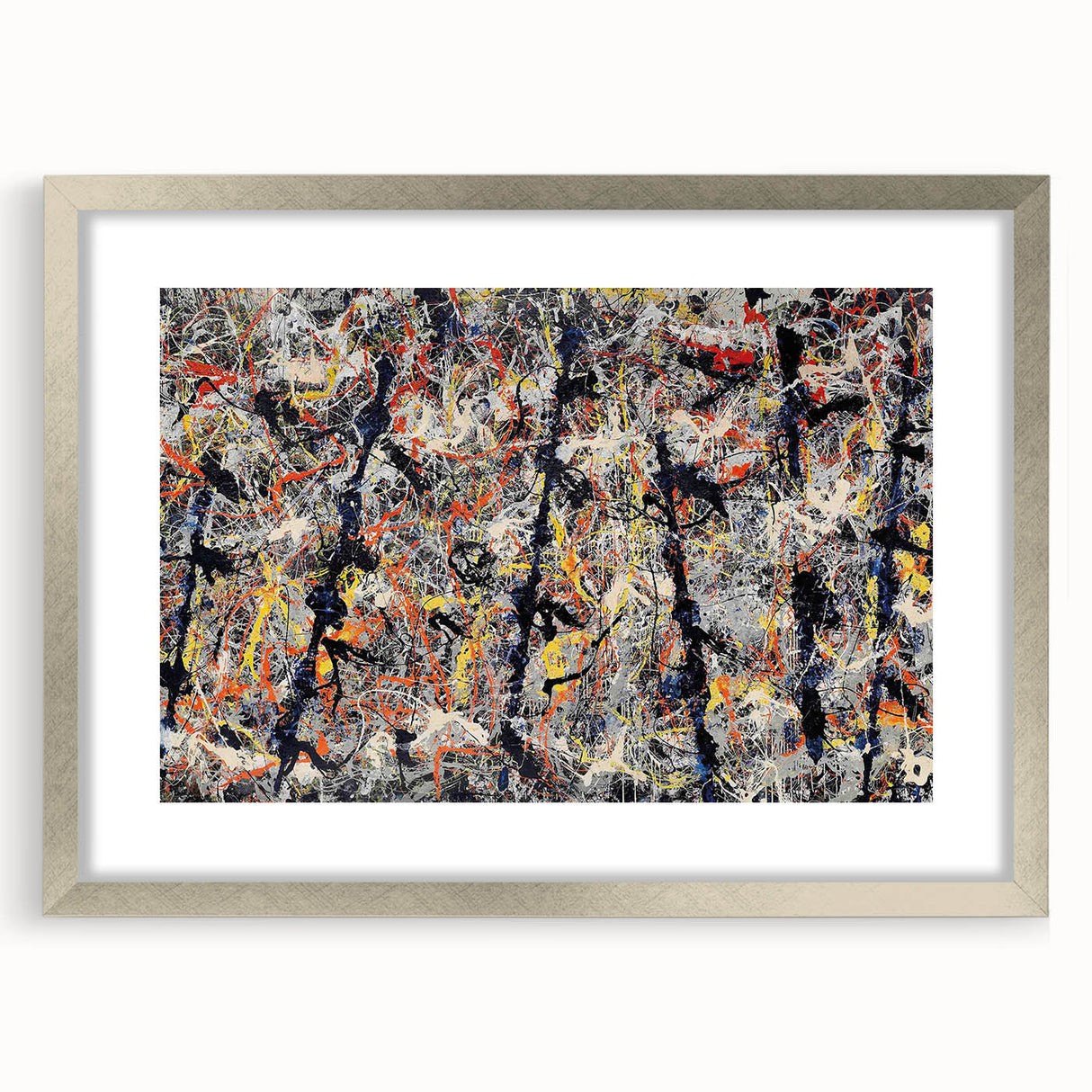 Framed abstract wall art featuring colorful splatter designs in a silver frame, enhancing modern decor with vibrant artistic flair.