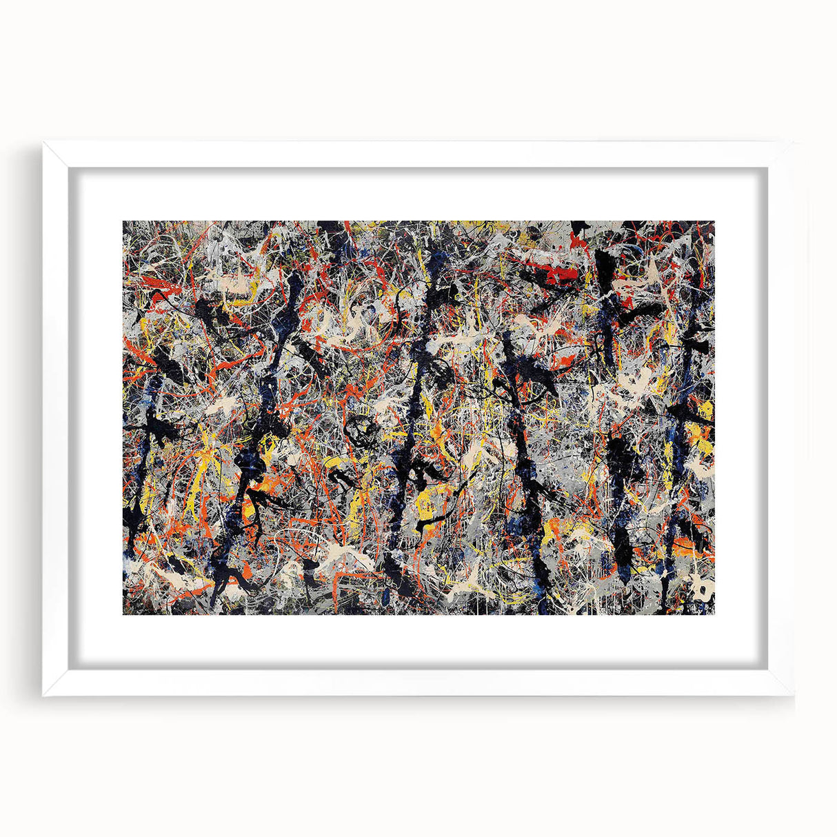 Framed abstract splatter design wall art in a white mat, showcasing vibrant colors and dynamic shapes, perfect for modern decor.