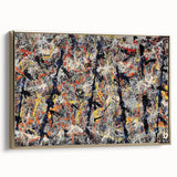 Framed abstract wall art with gold splatter design, showcasing vibrant colors and modern aesthetics, perfect for contemporary decor.