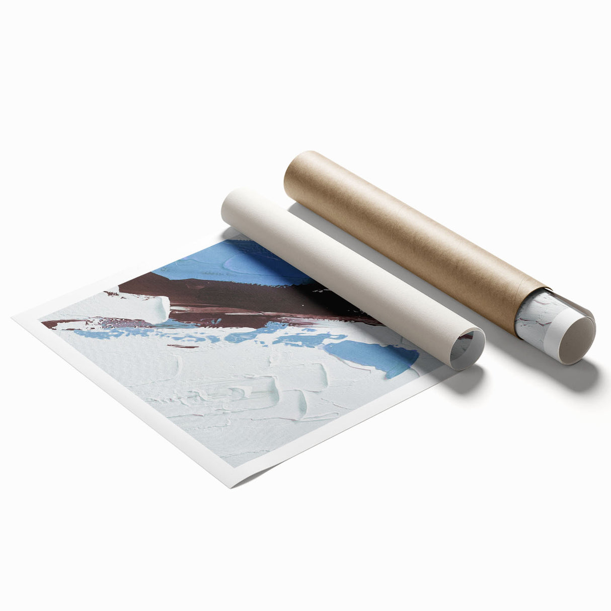 Abstract rolled art print showcasing vibrant strokes and lines in bold colors, perfect for modern home decor, packaged securely for shipping.