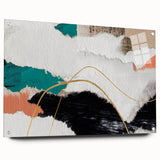 Acrylic wall art piece showcasing a modern abstract design of colorful strokes and lines, elegantly displayed from the side with pin mounting.