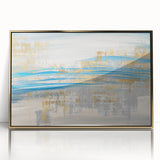 Framed abstract wall art featuring dynamic strokes and lines in gold and black tones, perfect for modern decor, adding elegance to any room.