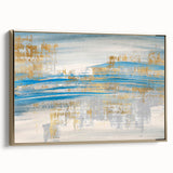 Framed wall art showcasing an abstract design of gold strokes and lines on a textured canvas, perfect for modern home decor.