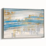 Framed abstract wall art featuring dynamic strokes and lines in silver tones, enhancing modern decor with a sleek side view.