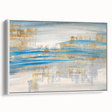 Framed abstract wall art featuring colorful strokes and lines on canvas, displayed in a contemporary white frame, ideal for modern decor.