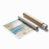 Abstract wall art print showcasing vibrant strokes and lines in shades of blue, orange, and yellow, perfect for modern decor.