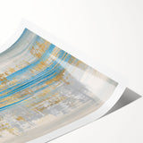 Abstract wall art print showcasing vibrant strokes and lines in shades of blue, orange, and gray, ideal for modern home decor or office spaces.