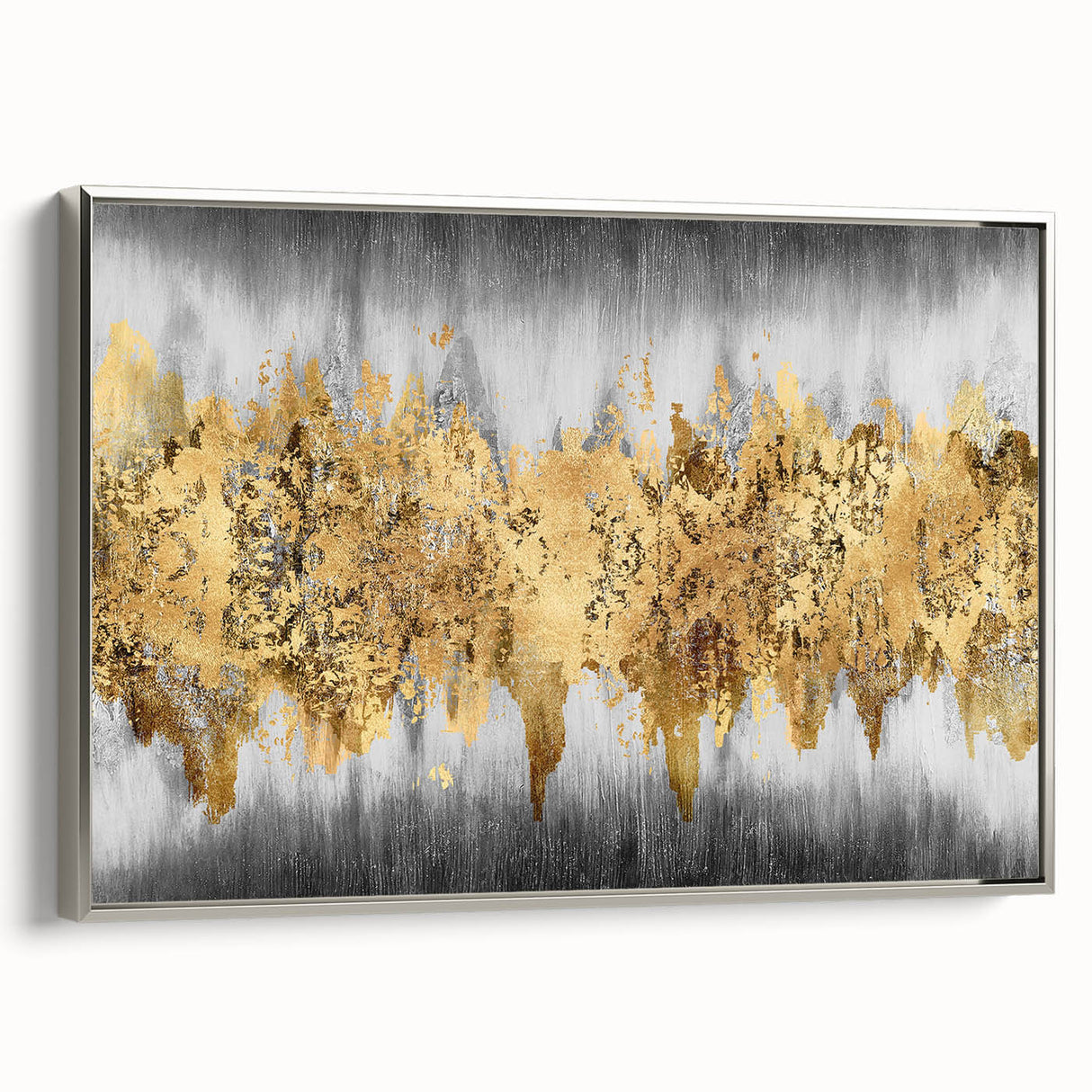 Framed abstract wall art featuring dynamic strokes and lines in silver tones, showcasing a modern design ideal for contemporary decor.