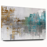 Abstract wall art design showcasing vibrant strokes and lines in a modern acrylic glass frame, displayed with decorative pins for an elegant finish.