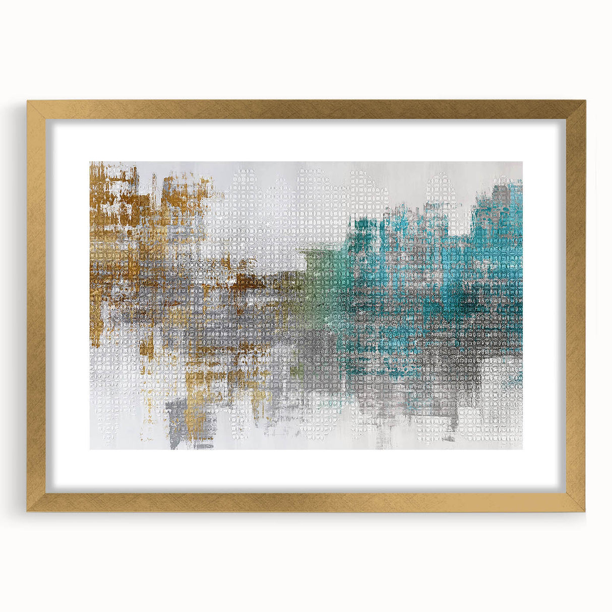 Abstract wall art featuring strokes and lines in gold and neutral tones, elegantly framed with a mat for a modern aesthetic.