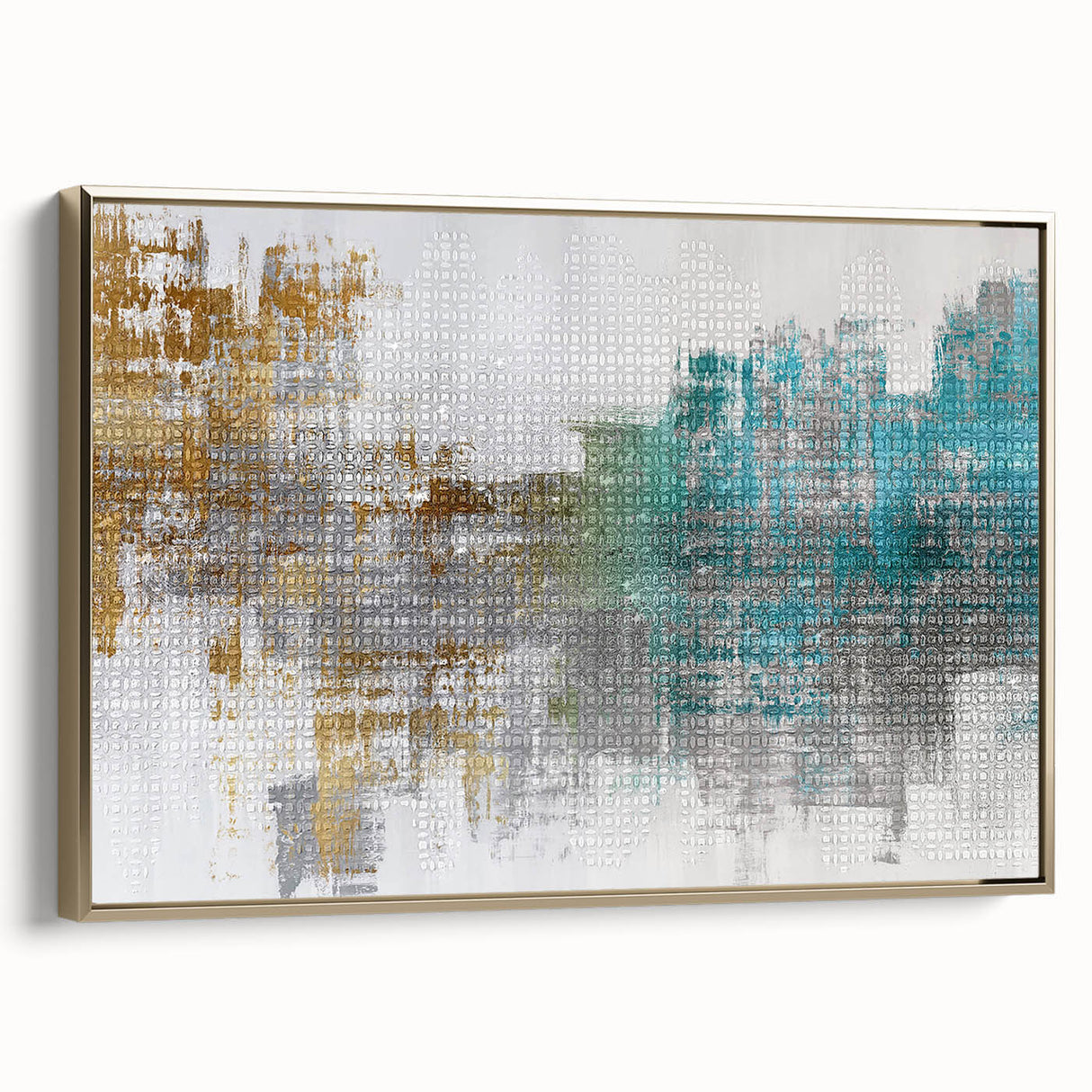 Framed canvas wall art displaying an abstract design of gold strokes and lines, showcasing a modern aesthetic perfect for contemporary decor.