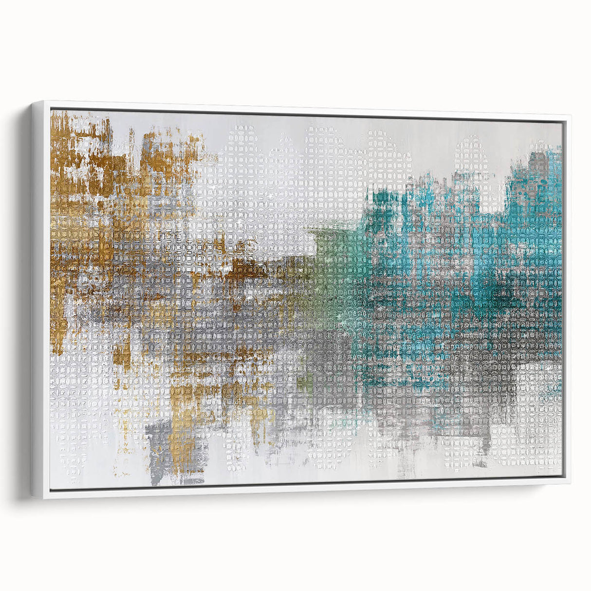 Framed abstract wall art featuring colorful strokes and lines on a white canvas, showcasing modern design with a sleek side view.