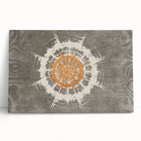 Abstract wall art design on stretched canvas showcasing vibrant strokes and lines in shades of blue, orange, and gold, perfect for modern decor.