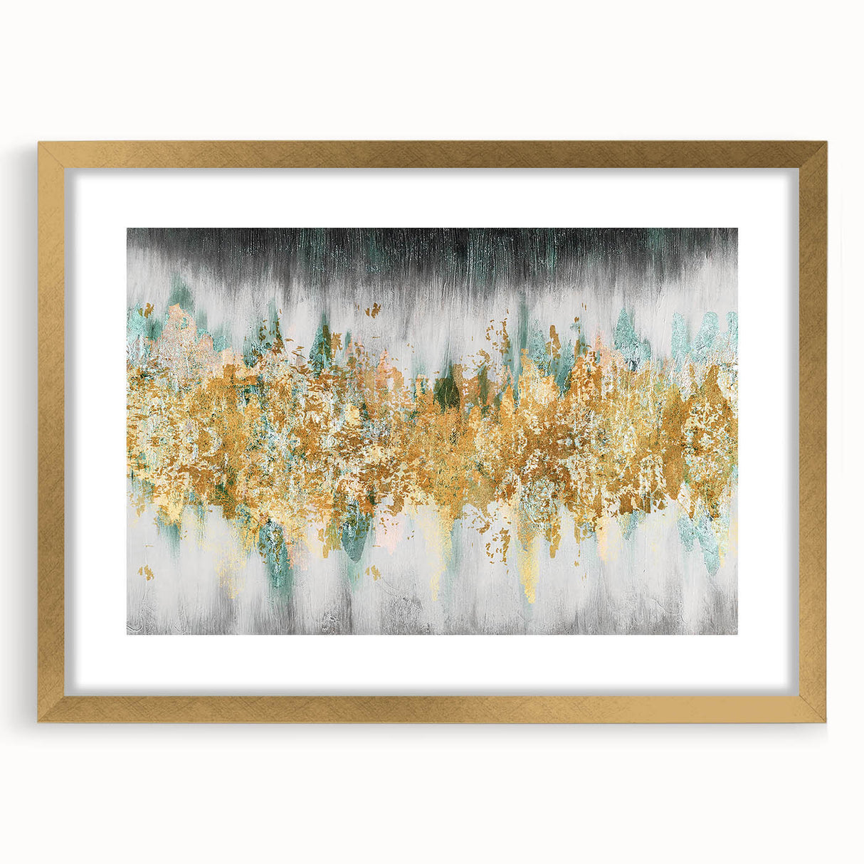 Framed abstract wall art featuring colorful strokes and lines in gold, complementing modern decor with a stylish matte finish.