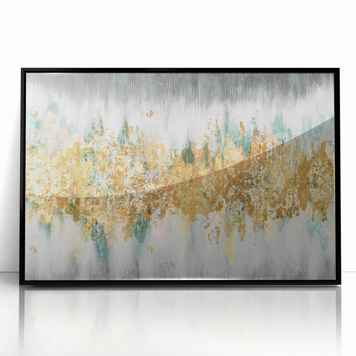 Framed wall art featuring an abstract design of colorful strokes and lines in a sleek black frame, perfect for modern home decor.