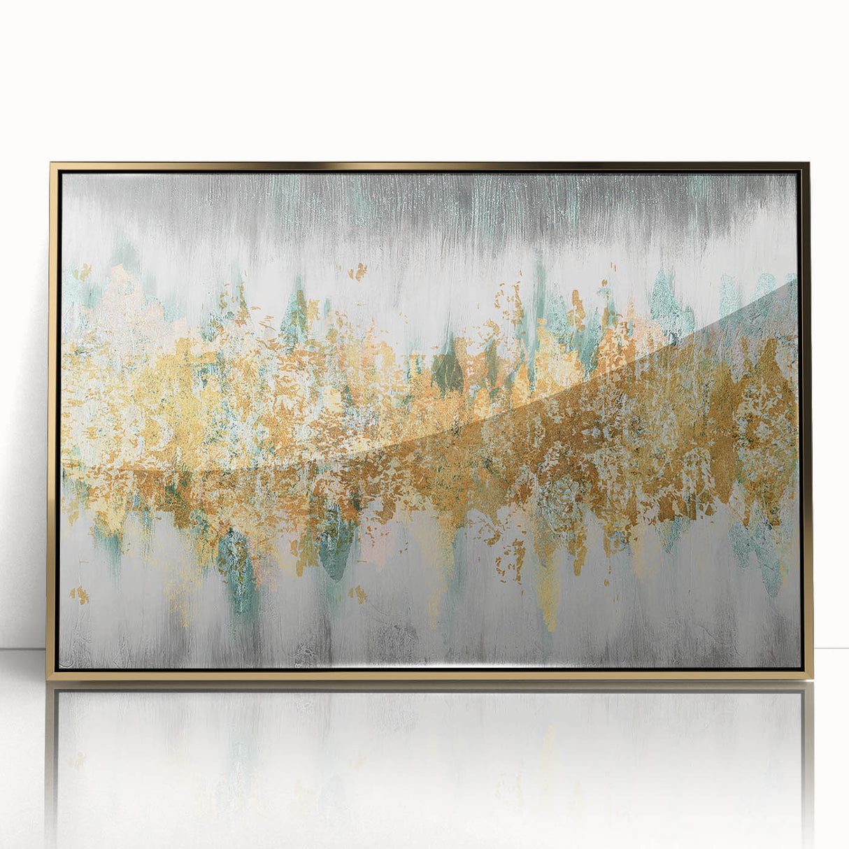 Framed wall art featuring an abstract design of colorful strokes and lines in gold, perfect for modern decor and enhancing interior spaces.