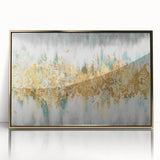 Framed wall art featuring an abstract design of colorful strokes and lines in gold, perfect for modern decor and enhancing interior spaces.