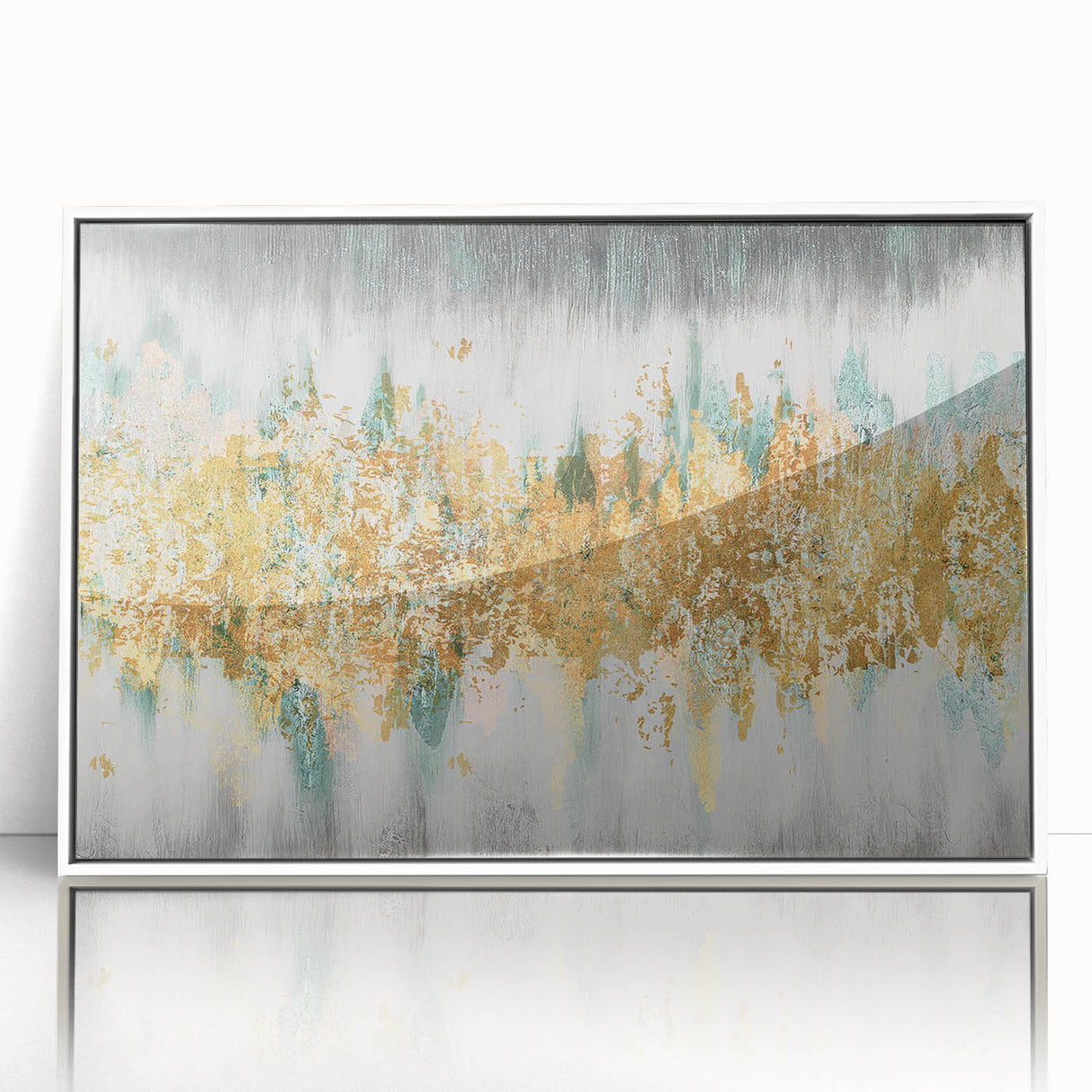 Framed abstract wall art featuring colorful strokes and lines in a modern design, with a white frame enhancing its contemporary appeal.
