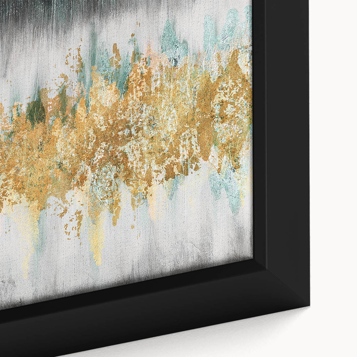 Close-up of a framed abstract wall art piece showcasing vibrant strokes and lines in shades of blue, orange, and yellow, perfect for modern decor.