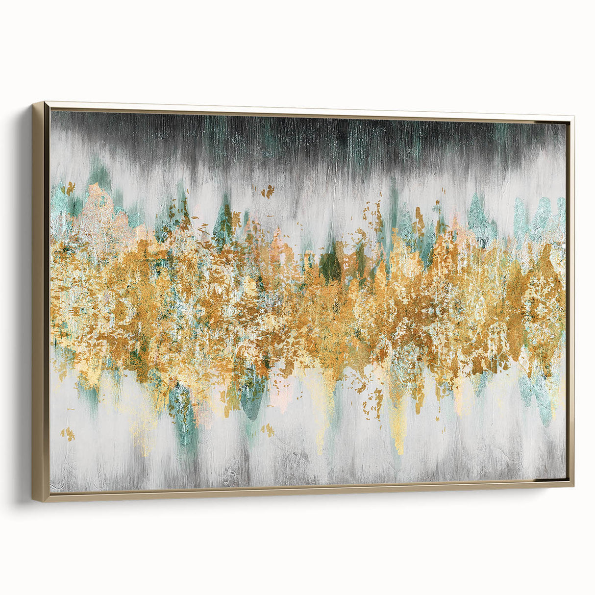 Framed wall art featuring an abstract design of gold strokes and lines on a textured canvas, showcasing a modern aesthetic for home decor.