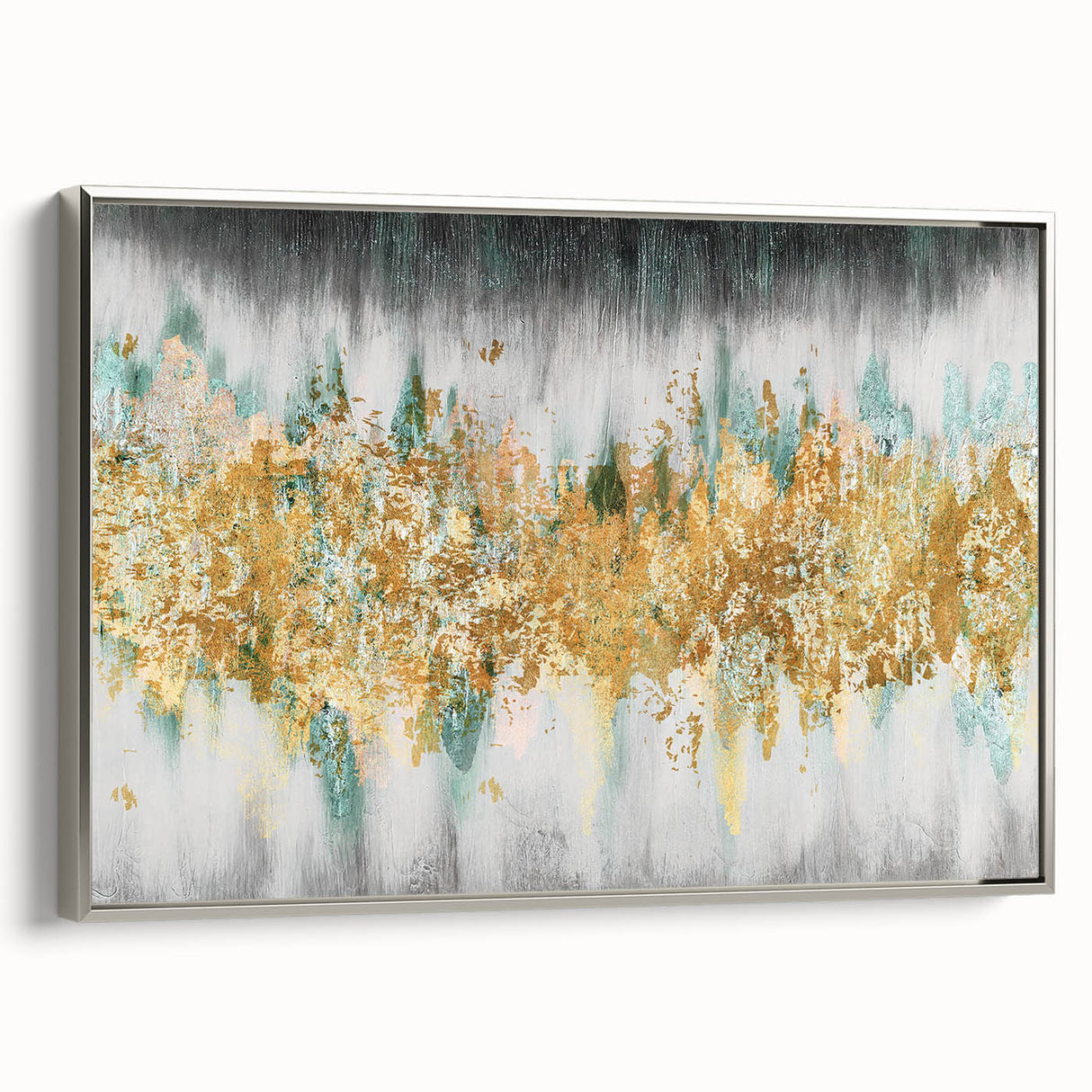 Framed abstract wall art featuring dynamic strokes and lines in silver tones, perfect for modern decor, displayed from a side view.