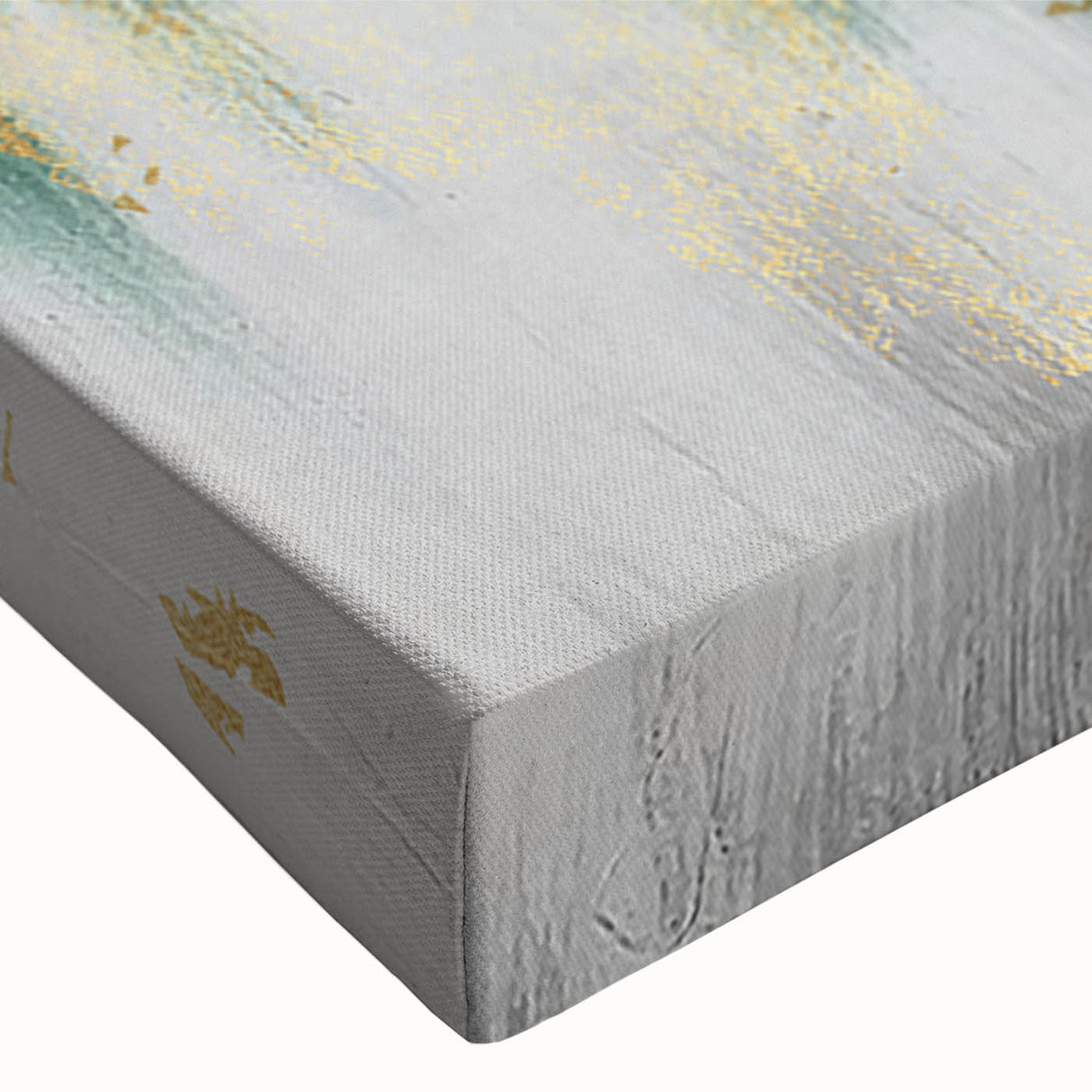 Close-up of an abstract wall art canvas design showcasing vibrant strokes and lines in shades of blue, orange, and yellow, ideal for modern decor.