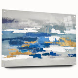 Abstract wall art print showcasing a vibrant design of colorful strokes and lines, displayed in an acrylic glass frame with visible mounting pins.