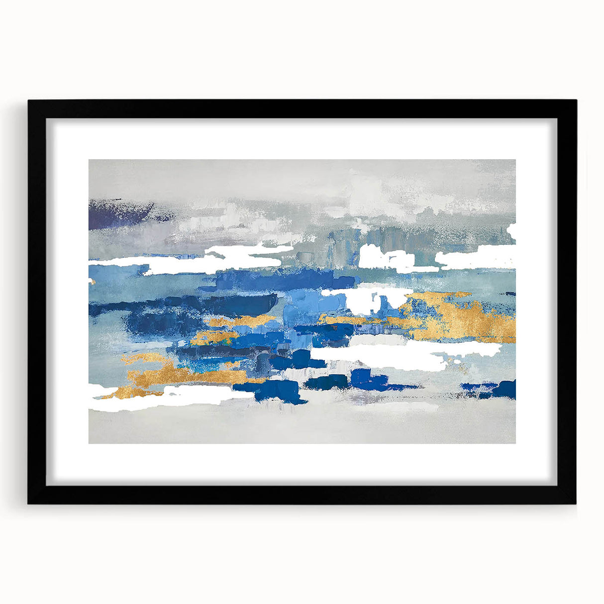 Abstract wall art design showcasing vibrant strokes and lines in various colors, elegantly framed with a black mat, perfect for modern decor.