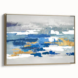 Framed wall art showcasing an abstract design with gold strokes and lines, perfect for modern decor, enhancing any room's aesthetic.