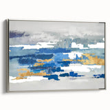 Framed abstract wall art showcasing elegant strokes and lines in muted colors, set against a silver frame, perfect for modern decor.