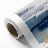 Abstract wall art design on rolled canvas showcasing vibrant strokes and lines in shades of blue, orange, and yellow, perfect for modern decor.