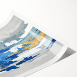 Abstract wall art print showcasing vibrant strokes and lines in blue, orange, and yellow hues, ideal for modern home decor or office spaces.