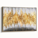 Framed wall art showcasing an abstract design with gold strokes and lines on a textured surface, ideal for modern home decor.