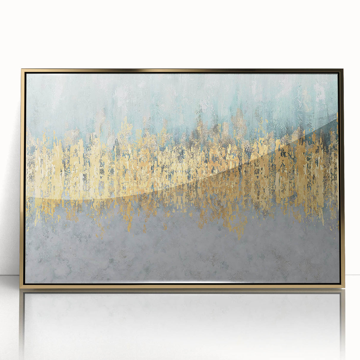 Framed abstract wall art featuring vibrant strokes and lines in gold and black against a sleek acrylic background, perfect for modern decor.