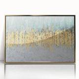 Framed abstract wall art featuring vibrant strokes and lines in gold and black against a sleek acrylic background, perfect for modern decor.