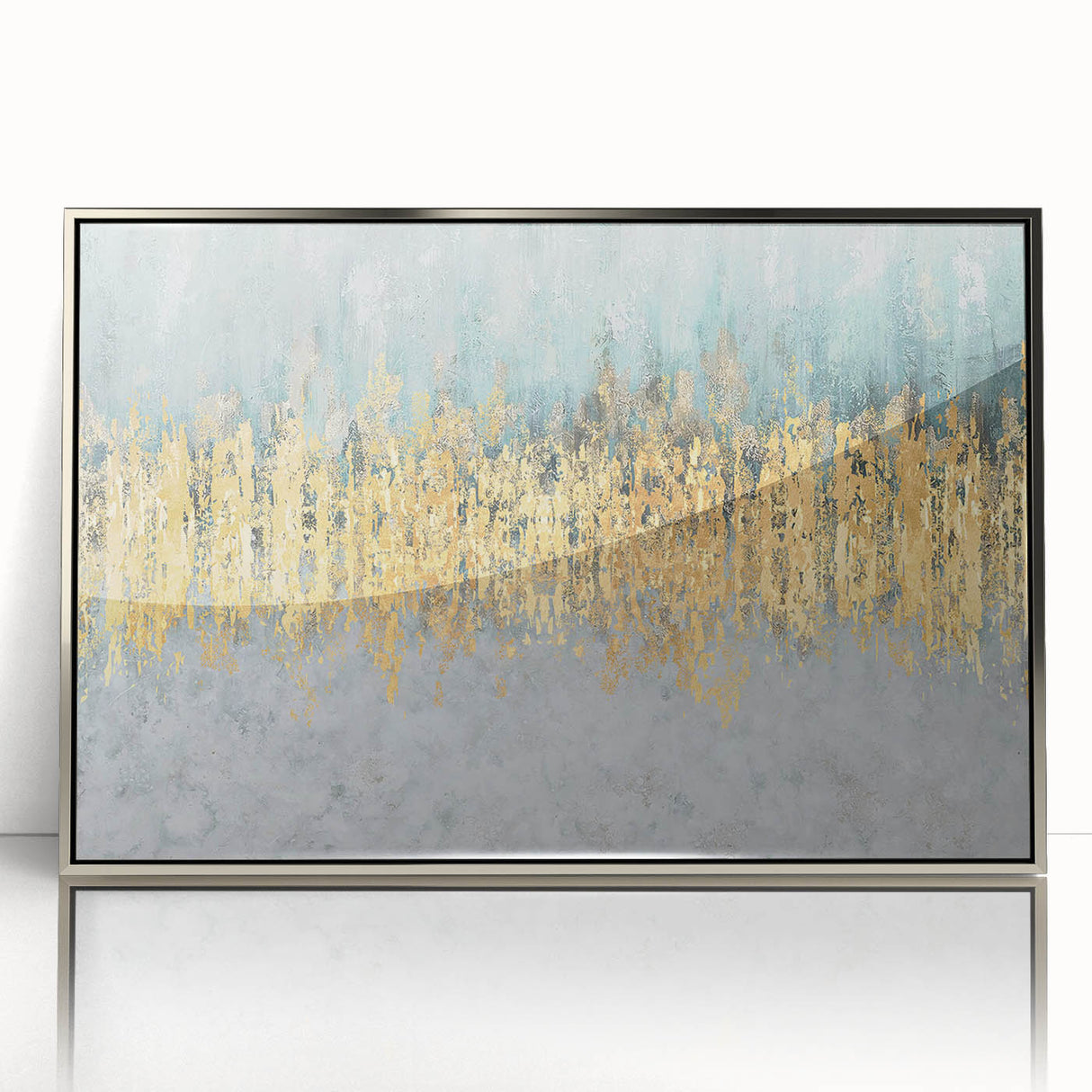 Framed abstract wall art showcasing dynamic strokes and lines in silver, perfect for modern decor, adding a stylish touch to any room.