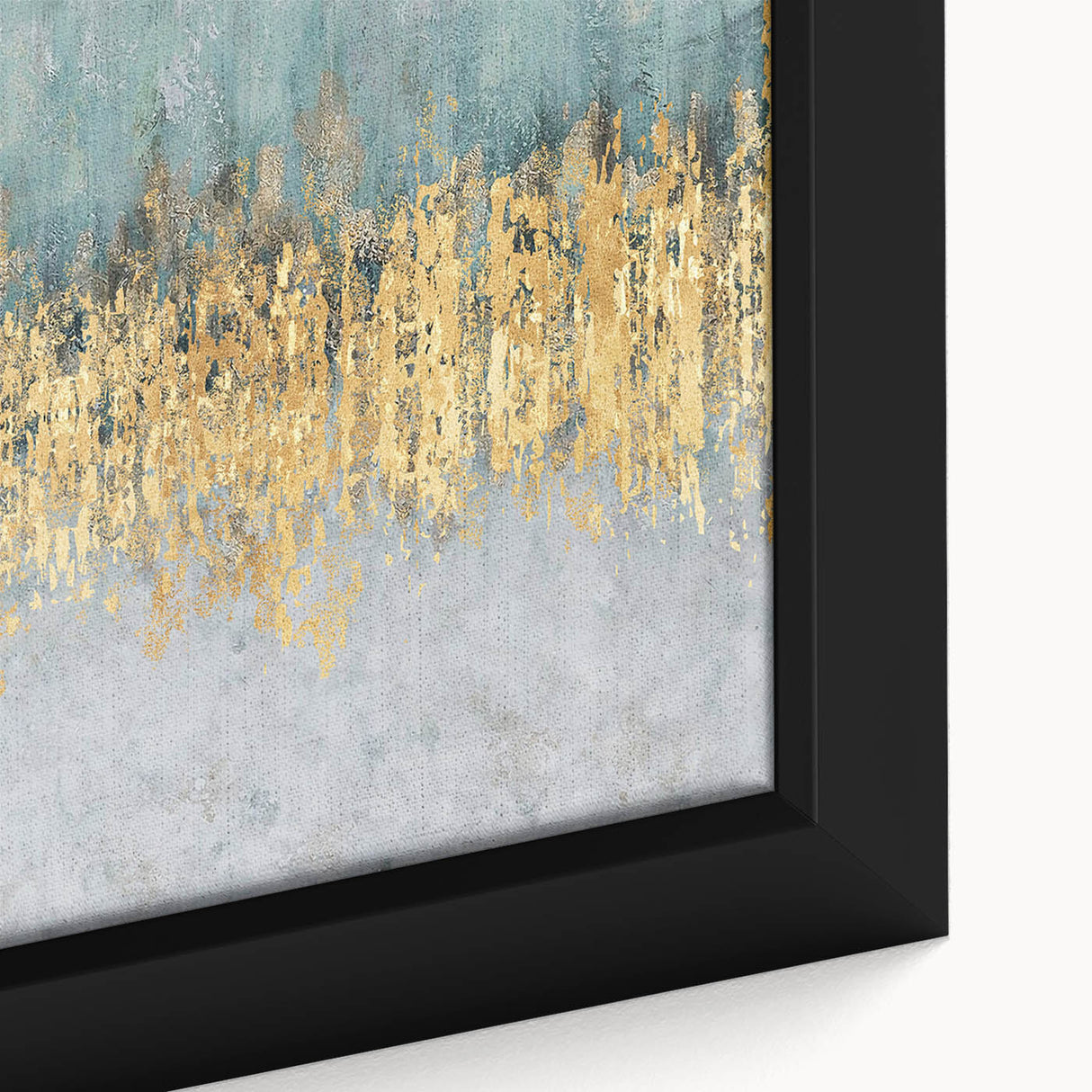 Close-up view of a vibrant abstract wall art piece featuring dynamic strokes and lines in blue, yellow, and white, framed for modern decor.