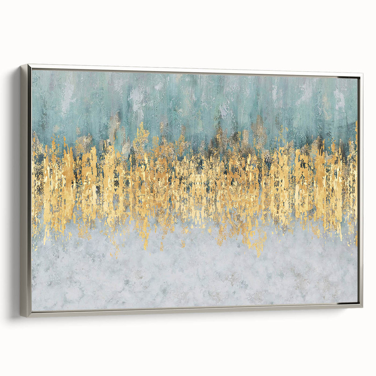 Framed canvas wall art showcasing an abstract design of colorful strokes and lines in silver, perfect for modern home decor settings.