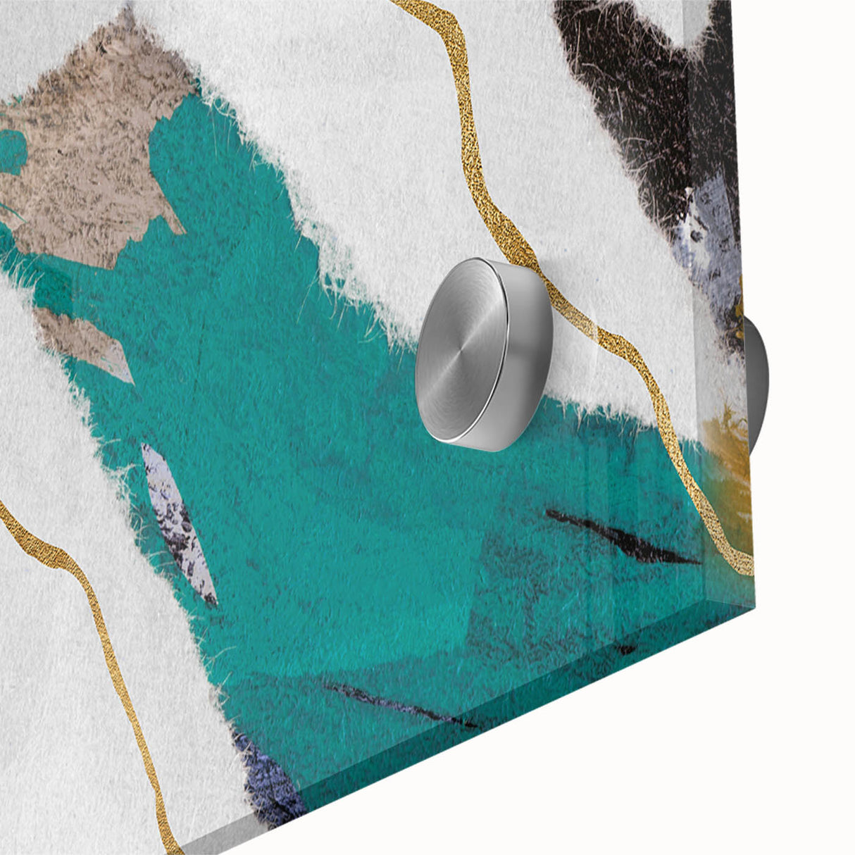 Close-up of abstract strokes and lines design on acrylic glass wall art, showcasing vibrant colors and smooth surface texture for modern decor.