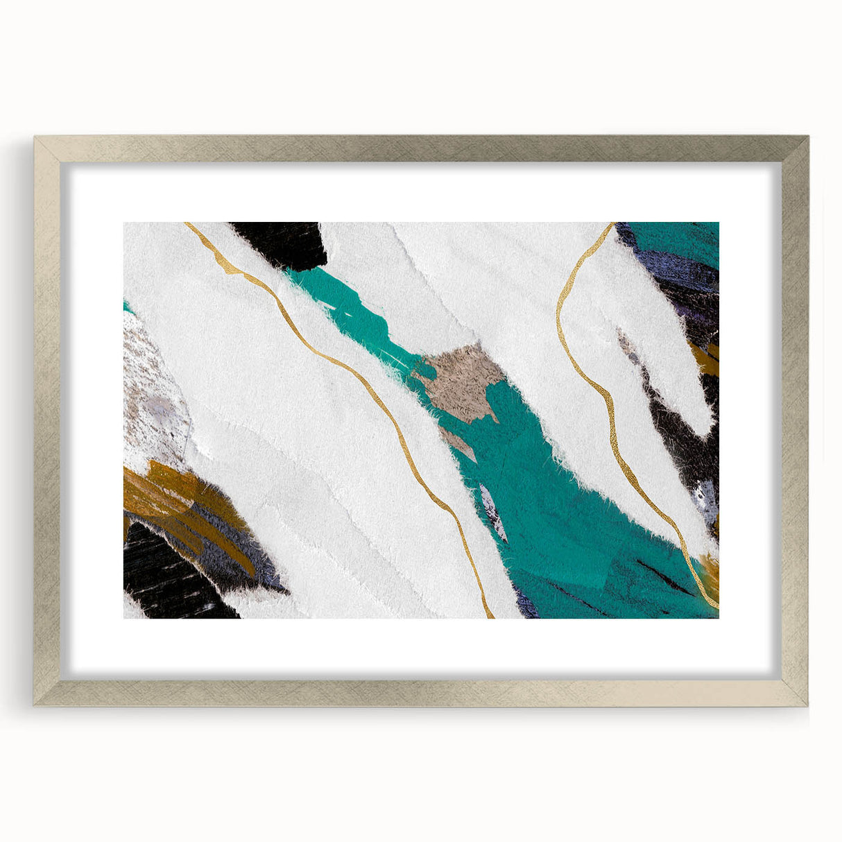 Framed abstract wall art featuring silver matting, showcasing colorful strokes and lines, perfect for modern home decor.
