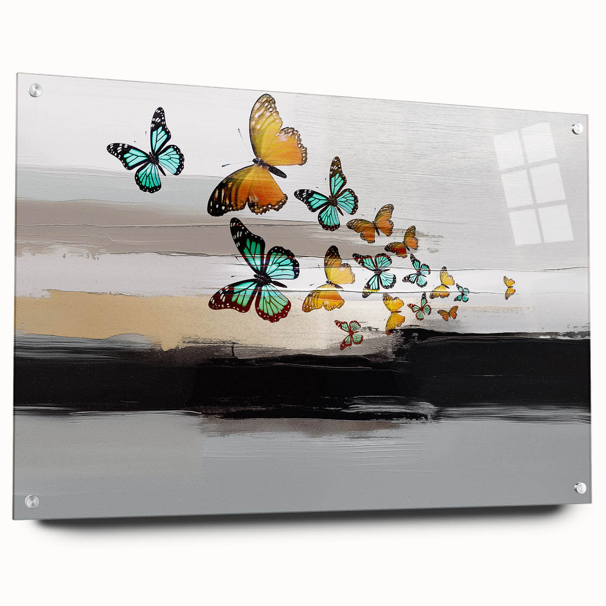 Abstract wall art print showcasing vibrant strokes and lines in a modern design, displayed in an acrylic glass frame with pins, ideal for contemporary decor.